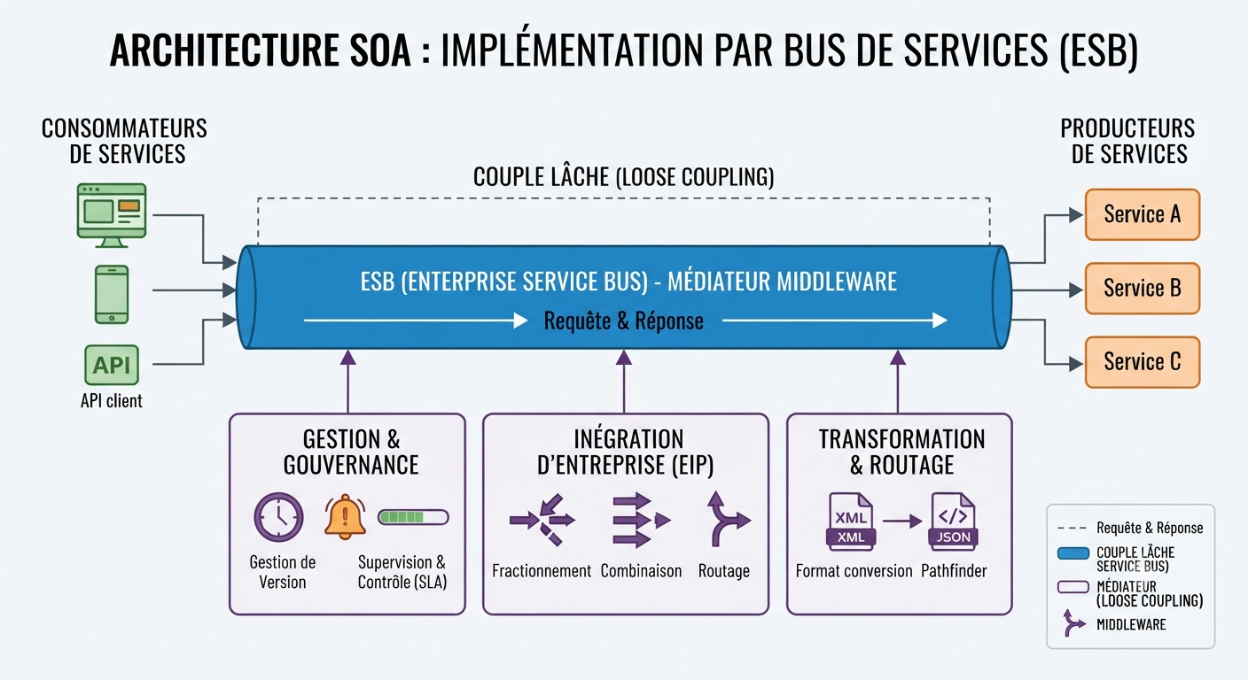 Diagram depicting an enterprise service bus connecting multiple applications and services with standardized interfaces and asynchronous message flow Diagram depicting an enterprise service bus connecting multiple applications and services with standardized interfaces and asynchronous message flow