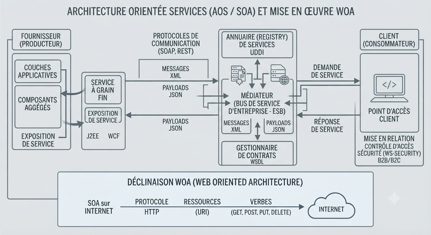 Conceptual diagram showing service oriented architecture with service provider, consumer, and mediator separated by an integration layer Conceptual diagram showing service oriented architecture with service provider, consumer, and mediator separated by an integration layer